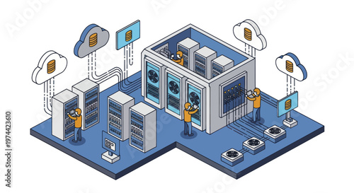 Isometric Data Center with Cloud Computing and Server Racks.