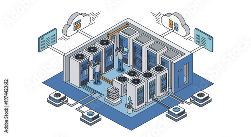 Isometric Data Center with Cloud Connectivity and Network Infrastructure.