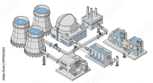 Isometric Diagram of a Nuclear Power Plant with Cooling Towers and Reactor.