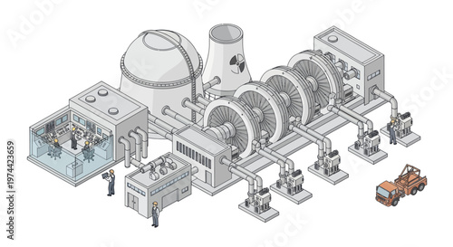 Isometric Diagram of a Nuclear Power Plant with Detailed Components.