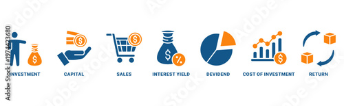 ROI (return on investment) icon set vector concept with icon of capital, sales, interest yield, dividend, cost of investment, return