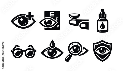 Black and white eye care icons set, including glasses, eye drops, contact lens, eye chart, vector illustration