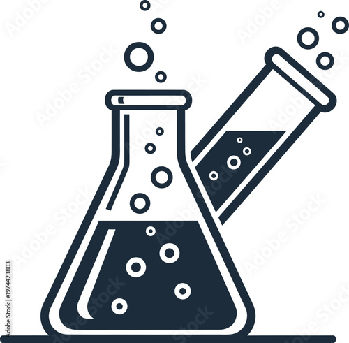 A minimalist flat vector illustration featuring a laboratory flask and a test tube with bubbles