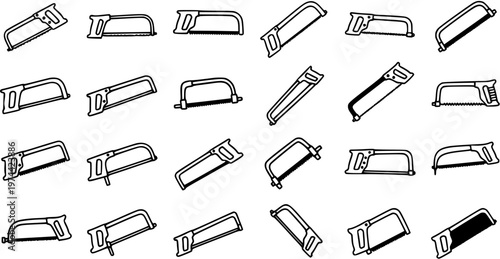 Black and White Line Art Hacksaw Icons Collection for Construction, DIY, and Workshop Hand Tools. Outline Vector Illustration Set.