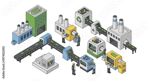 Isometric factory production line with workers and machinery.