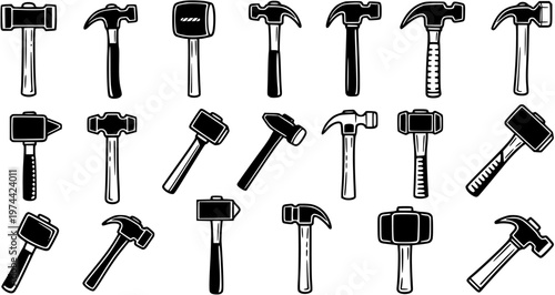 Construction and Carpentry Tools: Black and White Line Art Hammer Icons Set for DIY and Repair Projects