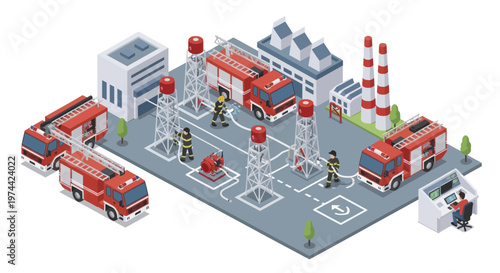 Isometric Fire Station with Firefighters and Emergency Vehicles.