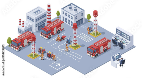 Isometric Fire Station with Fire Trucks and Firefighters.