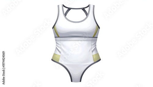 A sleek, white women's swimsuit with gold accents on a plain background