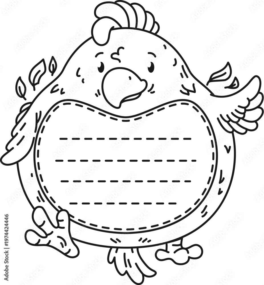 Fototapeta premium Doodle kids memo note frame of chick character with open wings and a playful expression, dashed lines for notes or message. Black and white cartoon vector memo sheet with cute chick for kids messages