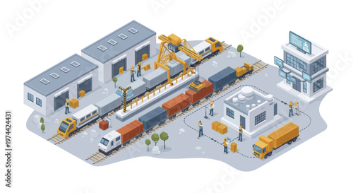 Isometric illustration of a busy freight train station with cargo loading and unloading operations.