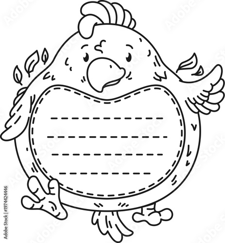 Doodle kids memo note frame of chick character with open wings and a playful expression, dashed lines for notes or message. Black and white cartoon vector memo sheet with cute chick for kids messages