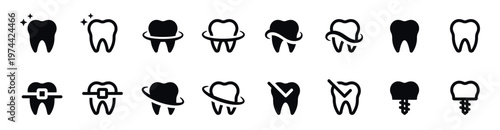 Dental care icons set featuring tooth graphics in black and white silhouette vector style