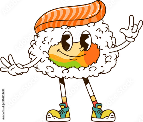 Cartoon groovy Japanese sushi roll funny character with funny face, vector comic emoji. Funky groovy sushi roll character with salmon fish on rice, with freaky smile and cool gesture in hipster shoes