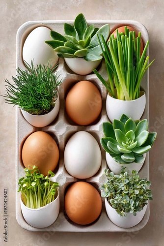 Easter egg carton planters with succulents and sprouting greens for spring decor