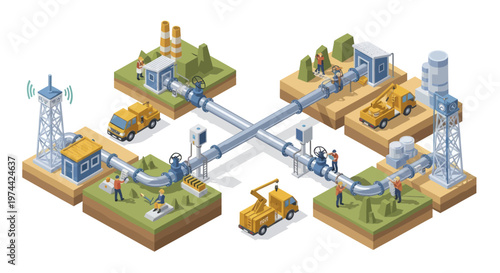 Isometric illustration of a complex industrial pipeline network with various facilities.