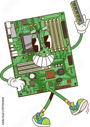 Cartoon groovy computer part character with funny face, vector personage. Groovy computer motherboard with chipset and ROM memory card cartoon funky digital device character in hipster shoes