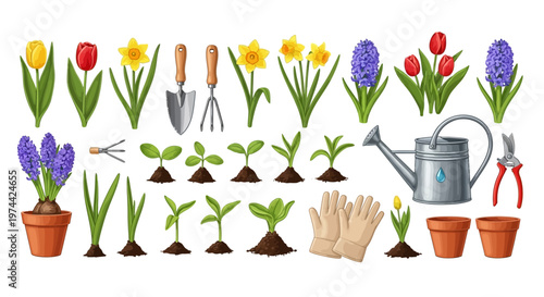 Colorful spring gardening illustration featuring various plants and tools arranged against a clean white background, showcasing the joys of the planting season with a cheerful and vibrant