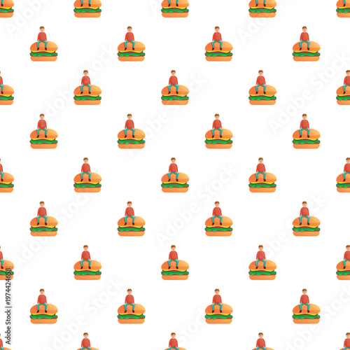Repeating illustration of small men sitting on oversized hamburgers