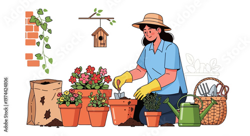 Vector illustration depicts a woman in a sunhat enjoying the planting season, carefully tending to flowers in terracotta pots against a white background, using gardening tools