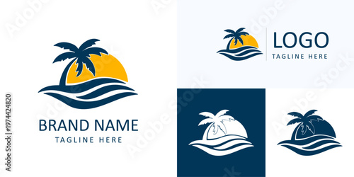 sunrise luxury waterfront palm island wave logo design