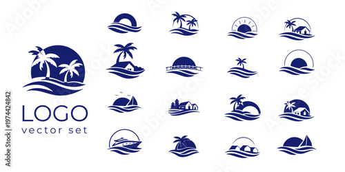 sunrise luxury waterfront logo set palm house wave ocean tropical beach branding collection