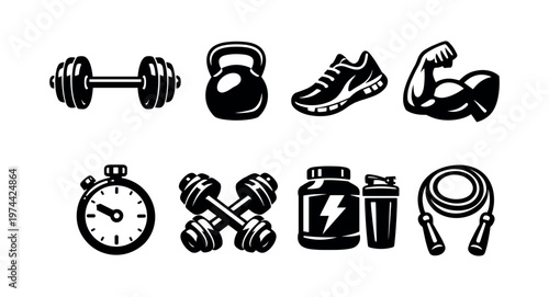 Fitness and workout equipment icons set featuring dumbbells kettlebell sneakers muscle stopwatch protein shaker rope vector illustration