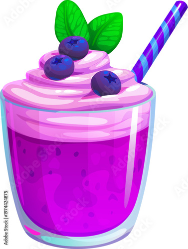 Purple violet smoothie drink. Cartoon vector blueberry smoothie healthy beverage, food, dessert in transparent glass topped with whipped cream, fresh berries, green mint leaves and blue striped straw