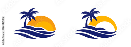 sunrise luxury waterfront palm tree wave logo tropical ocean beach branding