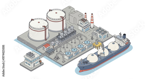 Isometric illustration of a liquefied natural gas LNG terminal with storage tanks and a tanker ship.