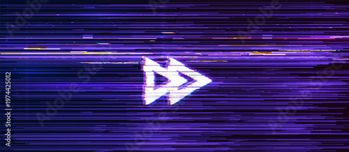 Video game glitch screen background with rewind button. Dynamic retro digital distortion background featuring start symbol of two right pointing triangles. Atmospheric vector screen for retro game