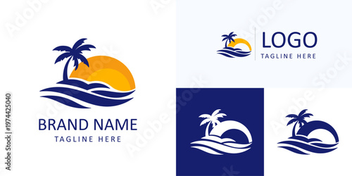 sunrise luxury waterfront palm island wave logo tropical ocean beach branding
