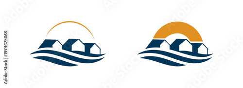 sunrise luxury waterfront house row wave logo coastal real estate beach branding