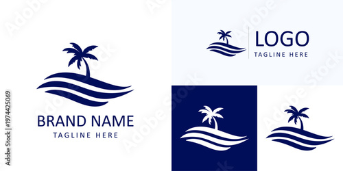 sunrise luxury waterfront palm wave logo minimal tropical ocean beach branding