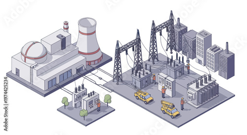 Isometric illustration of a nuclear power plant and electrical substation.