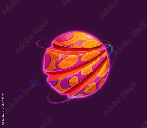 Cartoon purple alien space planet with orange spots. Vector alien star with deep, elongated asteroid craters, encircled by three distinct rings. Vibrant vector planet for games, or astronomy project