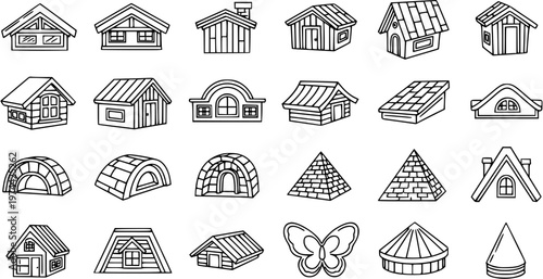 Black and White Line Art Icons of Houses, Pyramids, Igloos, and Butterfly - Architectural Set
