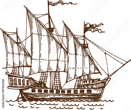 Vintage pirate sail ship and sailboat. European wooden galleon with full, billowing sails and flags flying in the wind. Vintage warship sketch for nautical designs, and pirate map decoration