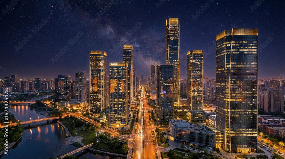 Fototapeta premium Stunning night cityscape with illuminated modern skyscrapers and a starry sky