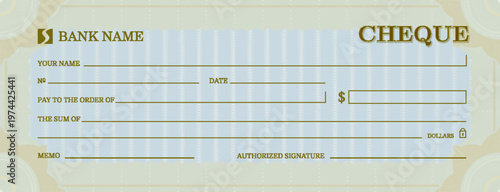 Blank bank cheque or money checkbook for award or gift voucher with guilloche pattern, vector template. Bank cheque or payment check and payment bill for donation or charity coupon of checkbook