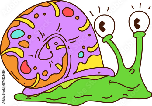 Cartoon groovy snail hippie funky trippy character. Green vector personage with big eyes, vibrant shell, and happy face, radiating funky vintage vibe. Groovy symbol for retro posters and Y2K graphics