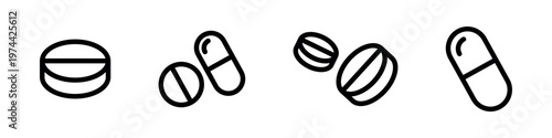 Black and white silhouette illustrations of various capsule and tablet pharmacy icons