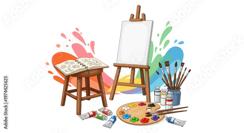 A painter's art still life features a blank canvas on an easel, art brushes, paint tubes, and an open sketchbook, conveying a colorful and creative mood against a white background