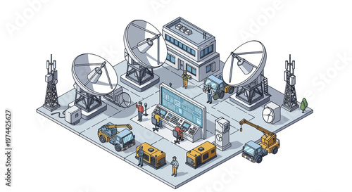 Isometric illustration of a satellite communication ground station with radar dishes and control center.