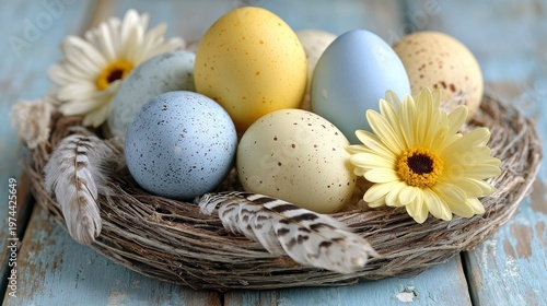 Soft pastel Easter eggs with floral patterns sit in a nest of feathers, surrounded by spring flowers, suggesting a holiday and nature concept