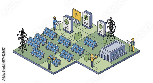 Isometric illustration of a solar power plant with workers and energy infrastructure.