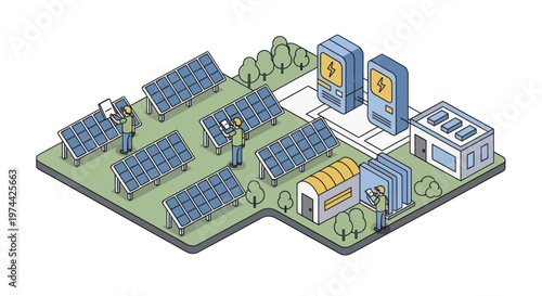 Isometric illustration of a solar power plant with workers installing panels and charging stations.