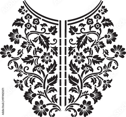 Black and White Floral Neckline Ornament Vector Illustration