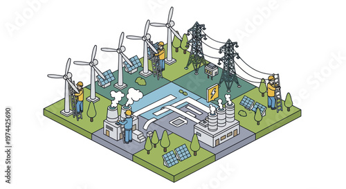 Isometric illustration of a sustainable energy grid with wind turbines and power lines.