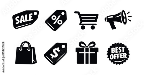Black and white shopping and promotion icons including sale tags and shopping cart silhouette vector elements